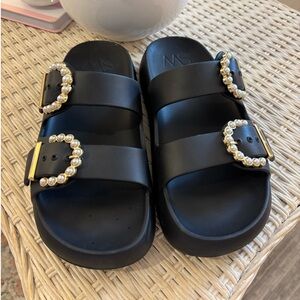 Stuart Weitzman (Faux Pearl) Slides, Black - Size 7